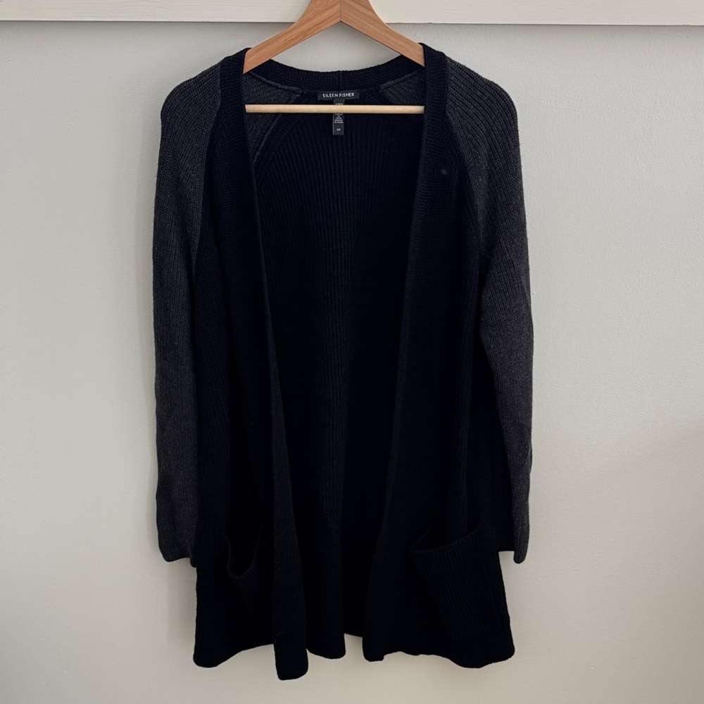 Eileen Fisher 100% Merino Wool Cardigan Black Gray Open Front Sweater Size SP